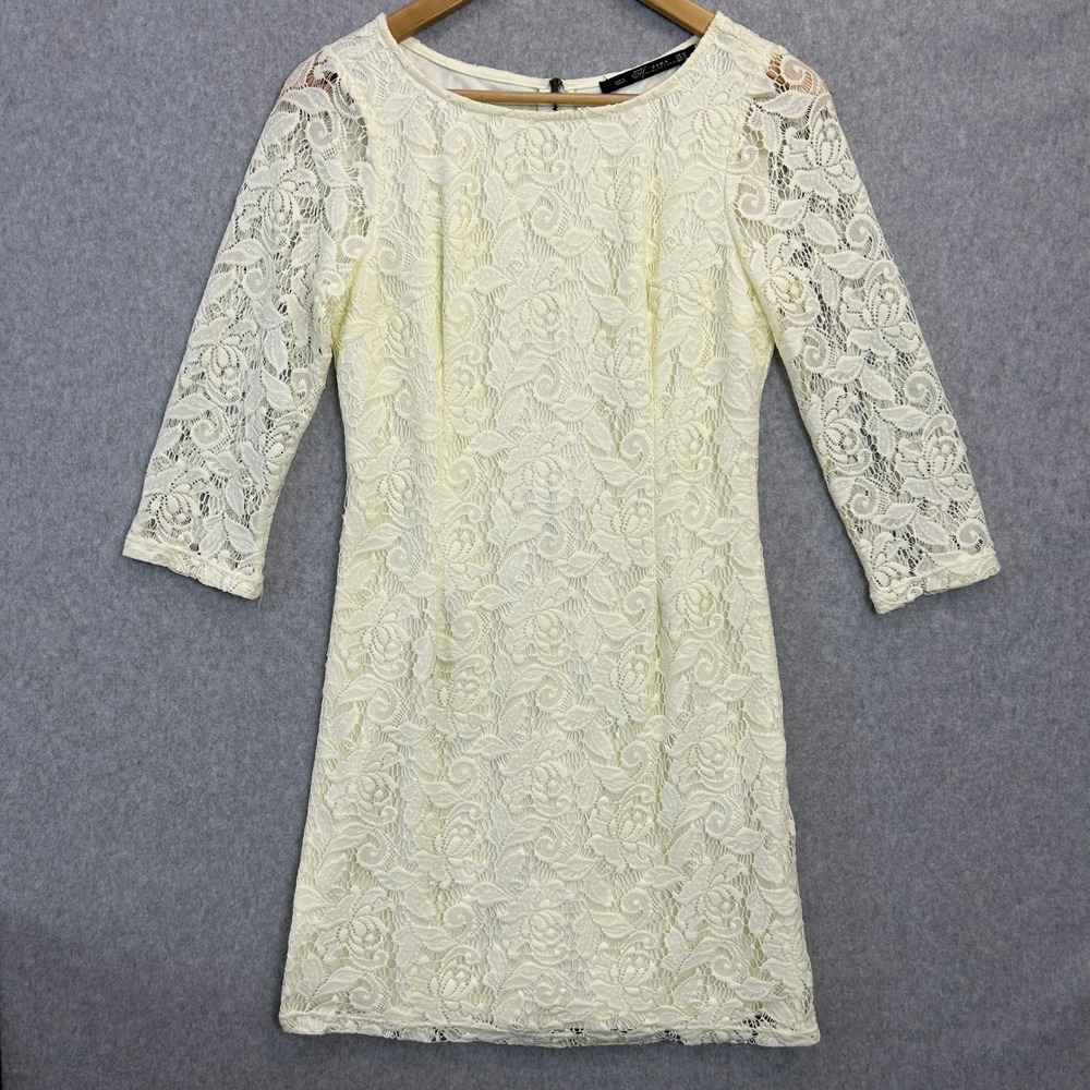 Zara TRF Lace Mini Dress Ivory Cream Floral 3/4 Sleeve Sheath Coquette Sz Medium